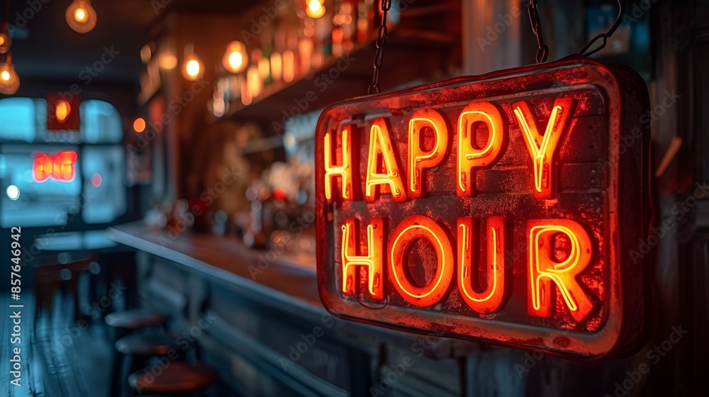 Wall mural Sign that reads “HAPPY HOUR” - neon - Bart background. - drink specials - discount alcohol - liquor - beer- cocktails 