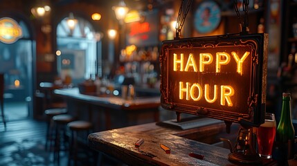 Sign that reads “HAPPY HOUR” - neon - Bart background. - drink specials - discount alcohol - liquor - beer- cocktails 