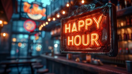 Sign that reads “HAPPY HOUR” - neon - Bart background. - drink specials - discount alcohol - liquor - beer- cocktails 