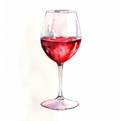 Watercolor painting of a red wine glass, with a minimalist outline and reflections of light, on isolated white background, Generative AI