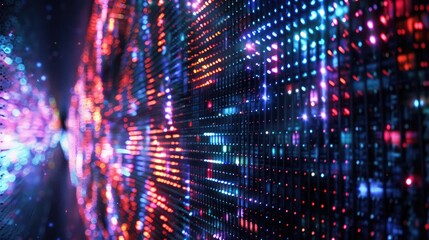 Obraz premium A complex array of tiny LED lights embedded into a large, dark canvas, programmed to display an ever-changing pattern of abstract art