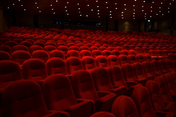 Empty cinema hall with red seats.