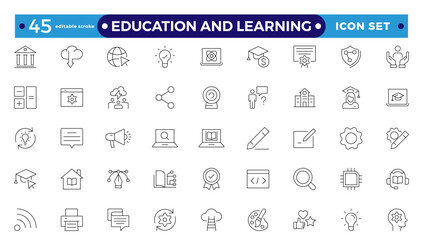 Education and Learning Outline icons set. Education, School, Learning, university, textbook.Containing video tuition, e-learning, and online courses. Editable stroke outline icon