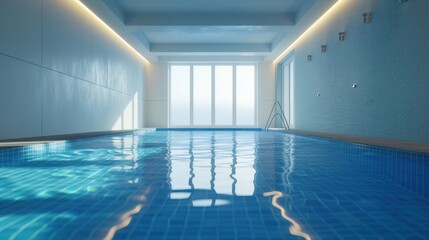 Obraz premium Modern swimming pool indoor with crystal clear blue water, empty design, professional and high quality shot, perfect sport background for your text