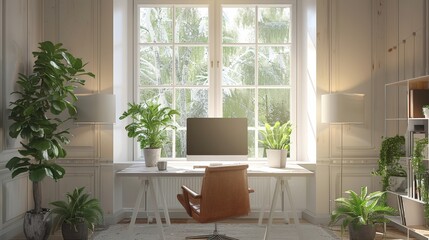 A well-lit home office featuring a large window, modern desk, comfortable chair, and various indoor plants for a refreshing and productive environment.