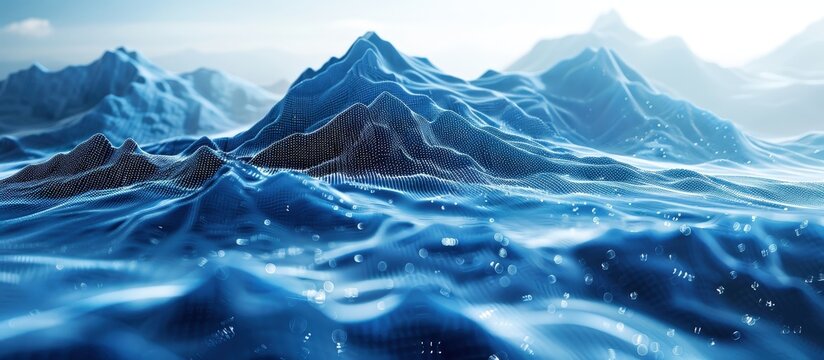 A stunning abstract digital rendering of blue mountains with a futuristic grid overlay and sparkling effects, creating a mesmerizing and modern visual.