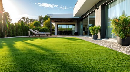 A luxury home backyard with a beautiful lawn