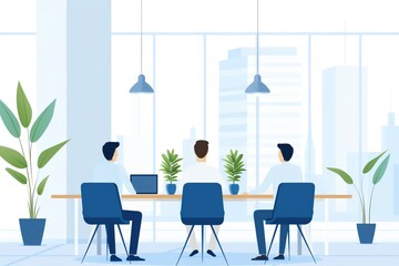 Modern business meeting with three people, laptops, and plants in a bright, minimalist office setting featuring large windows showing a cityscape.