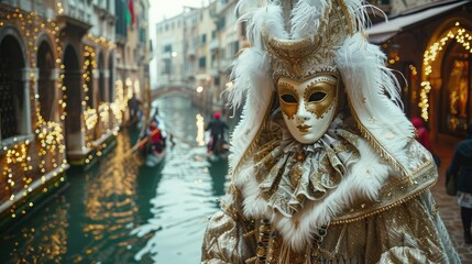 Elegant masked figure in traditional Venetian carnival attire, standing by a canal with gondolas and illuminated buildings in the background.