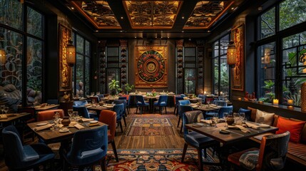 Elegant restaurant interior with dim lighting, luxurious decor, and an artistic mural centerpiece, creating a sophisticated dining atmosphere.