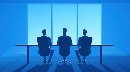 Silhouette of three business professionals sitting at a long table in a modern office, facing large windows during a meeting.