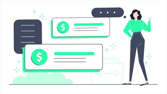 pop up investment notification with a woman character business animated illustration video