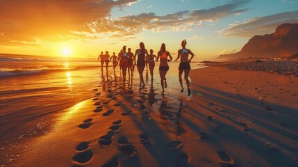 Group of people enjoying a run on the beach at sunset, leaving footmarks, with a beautiful orange sky and mountains in the background.