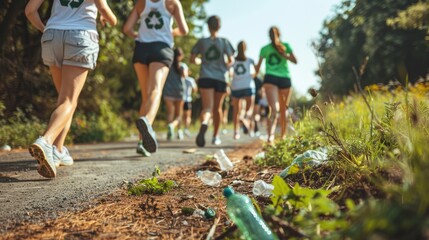 Group of runners on a sunny outdoor trail with scattered plastic waste, highlighting pollution and environmental concern during a sporting event.