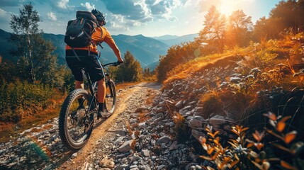 Naklejka premium Mountain biker on a sunny trail, exploring nature's beauty during a summer adventure. Scenic landscape with vibrant colors.