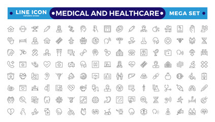 Medical and Healthcare web icons in Outline style. Medicine, check-up, doctor, dentistry, pharmacy, lab, scientific discovery, collection. Editable stroke outline icon.