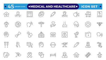 Medical and Healthcare web icons in Outline style. Medicine, check-up, doctor, dentistry, pharmacy, lab, scientific discovery, collection. Editable stroke outline icon.