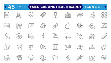 Medical and Healthcare web icons in Outline style. Medicine, check-up, doctor, dentistry, pharmacy, lab, scientific discovery, collection. Editable stroke outline icon.