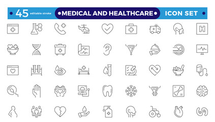 Medical and Healthcare web icons in Outline style. Medicine, check-up, doctor, dentistry, pharmacy, lab, scientific discovery, collection. Editable stroke outline icon.