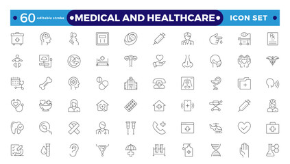 Medical and Healthcare web icons in Outline style. Medicine, check-up, doctor, dentistry, pharmacy, lab, scientific discovery, collection. Editable stroke outline icon.