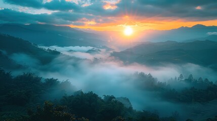 Sunrise Over Misty Mountain Landscape