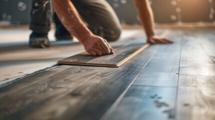 Installing or wood flooring at house. Worker Installing home wooden Floor