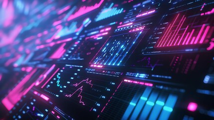 Fototapeta premium Futuristic financial chart with neon blue and pink highlights on a dark background The digital interface showcases bar graphs and data points
