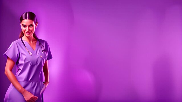 Woman in Purple Scrubs Against Purple Background Generative AI