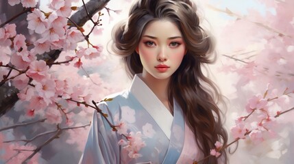Fototapeta premium Painting of a Japanese girl in a kimono under cherry blossoms, traditional brushwork style, soft pastel colors
