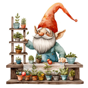 watercolor gnome tending potted plants clip art preview