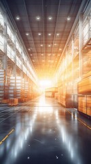 State-of-the-art warehouse and logistic center, busy with shipment processing, clear lines of movement, dynamic scene