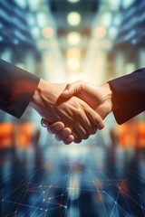 Symbolic handshake between partners, blurred conference room backdrop, emphasis on hands and deal, direct angle