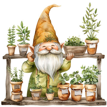 happy gnome tending plants watercolor clip art preview