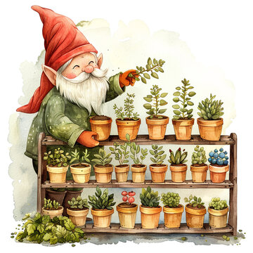 recommend clip art: a cute adorable gnome is creating a DIY herb drying rack, watercolor clipart on white background
