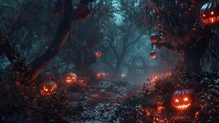 Halloween night background with pumpkins and dark forest. Happy Halloween. The concept of Halloween Day with copy space