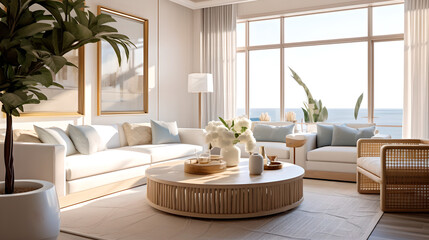 Bright and airy modern living room with large windows, white furniture, wooden coffee table, and ocean view. Concept of tranquility, modern living, and interior design.
