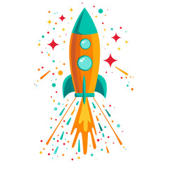 Flat Illustration of a Fireworks Rocket with Turquoise Fins and Red Stars