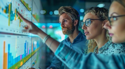 Strategic Analysis: Financial Data Team in Focused Discussion, Modern Office Environment