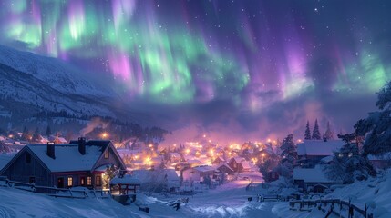 Northern Lights burst into colors above a snowy village, casting an enchanting glow over the quaint houses. The green and purple lights create a festive atmosphere, illuminating the snow-covered