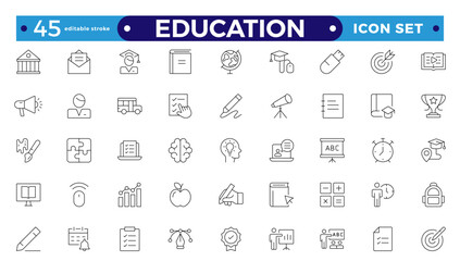 Education and learning icon set Outline vector icons related to education, success, academic subjects, and more. Editable stroke outline icon.