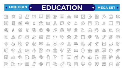 Education and learning icon set Outline vector icons related to education, success, academic subjects, and more. Editable stroke outline icon.