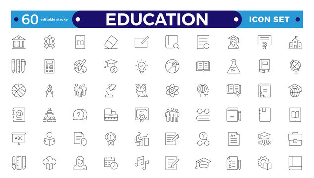 Education and learning icon set Outline vector icons related to education, success, academic subjects, and more. Editable stroke outline icon.