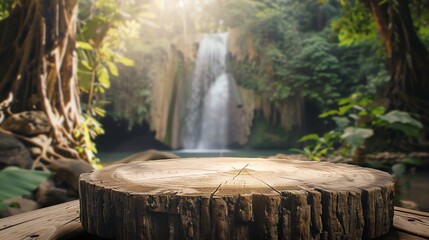 Fototapeta premium blind podium made of wood; blurred tropical nature with a waterfall in the background; light natural warm colors, 2:1, banner landing page