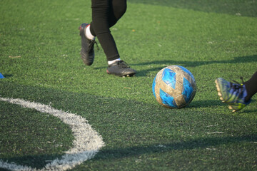 artificial green grass turf sport soccer field with training football skill equipment