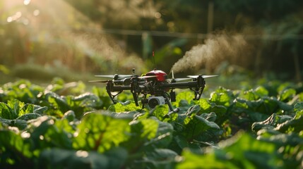 a drone in mid-flight over a green crop field. The drone is equipped with a spraying system, actively dispersing a fine mist over the plants below, likely dispensing water, fertilizer, or pesticides