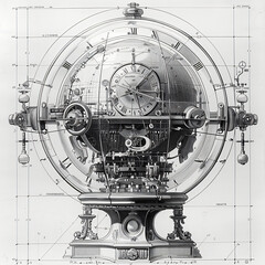 Isolated diagram sketch on white old paper features blueprint of globe engine