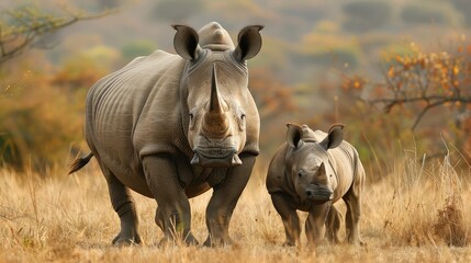 Obraz premium White rhinoceros (Ceratotherium simum) and calf