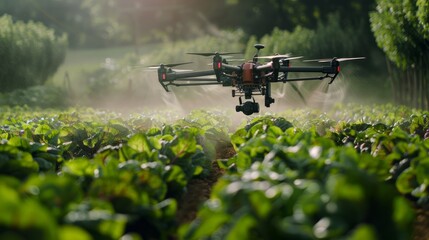 a drone in mid-flight over a green crop field. The drone is equipped with a spraying system, actively dispersing a fine mist over the plants below, likely dispensing water, fertilizer, or pesticides
