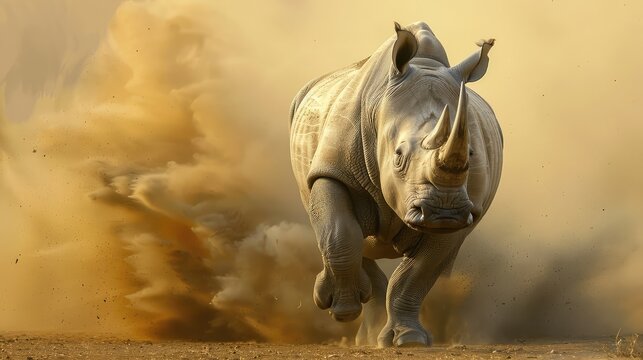 A white-horned rhinoceros is running fast towards the camera