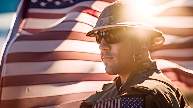 Soldier Standing With American Flag Generative AI